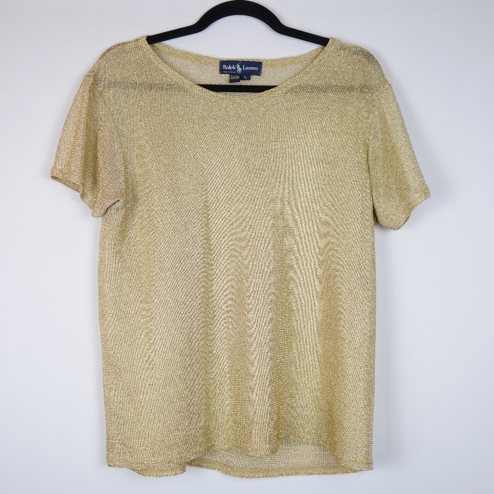 Vintage Ralph Lauren Jewel Neck Gold Metallic Mesh Shirt Made In USA, Size Large